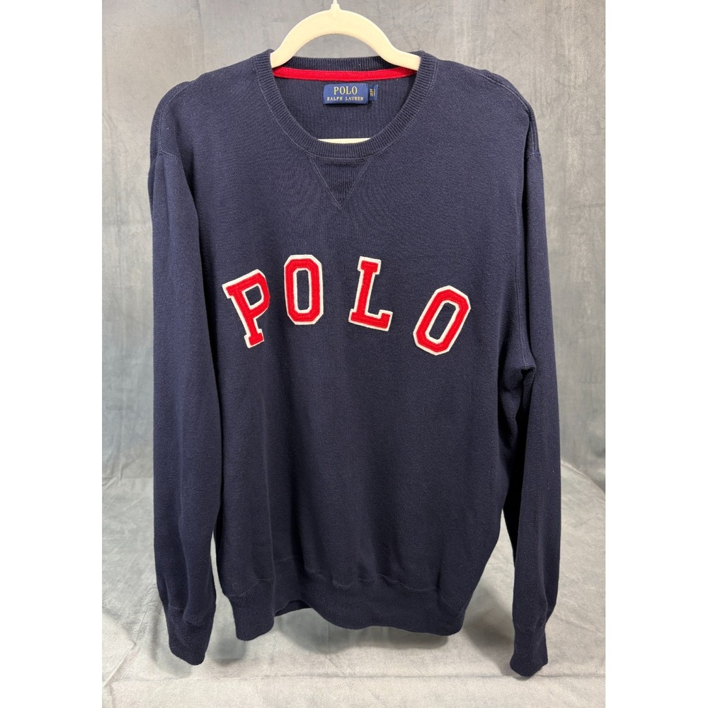 Polo Ralph Lauren Mens Sweater Blue Big Red Logo Spell Out‎ Classic Preppy    XL